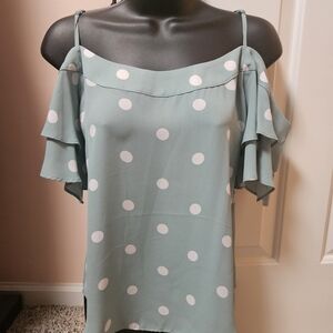 New York & Company Mint Green Polka Dot Cold Shoulder Blouse
